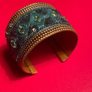 Embellished Teal and brass Cuff Bracelet